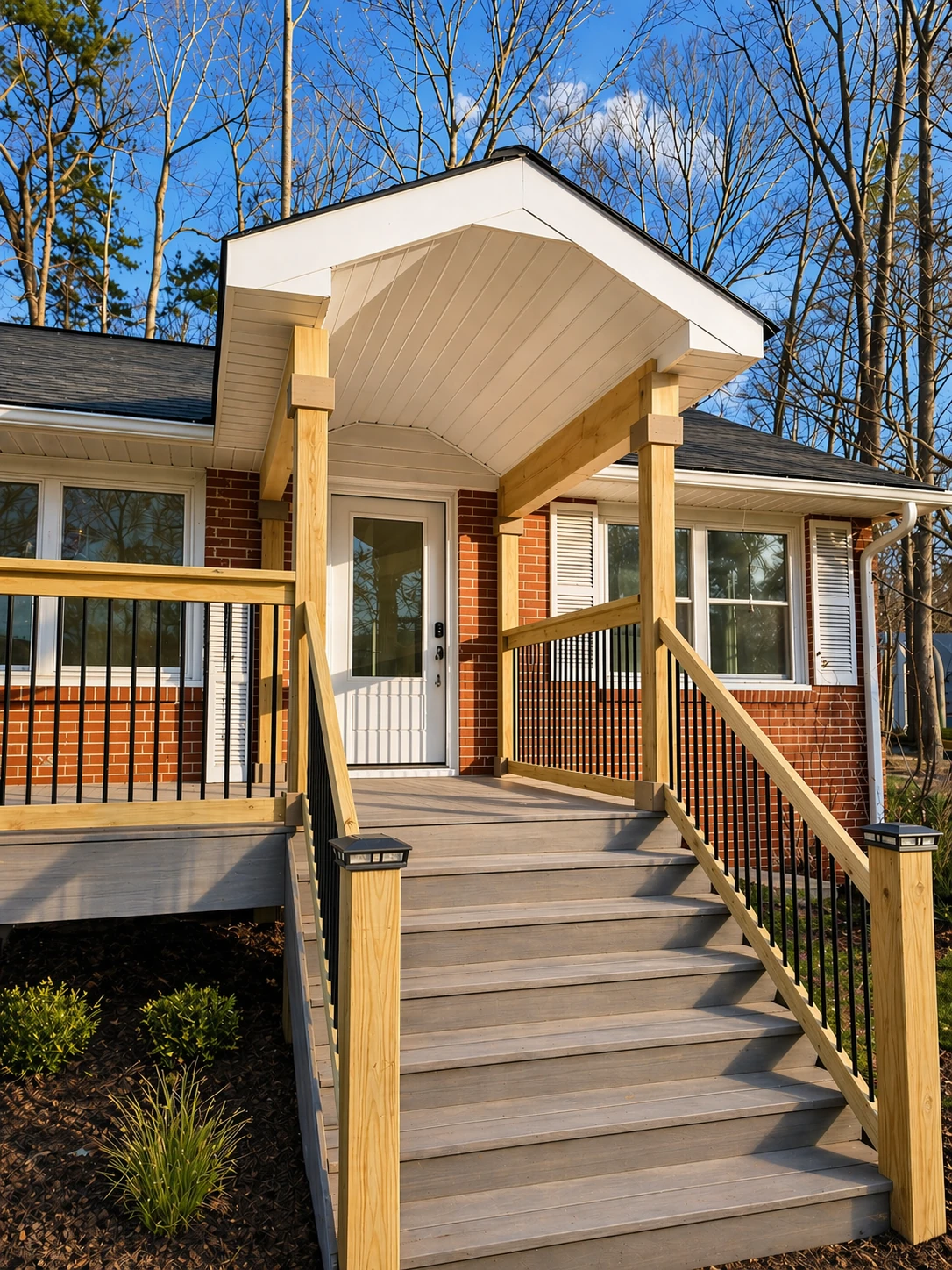 Goff Road whole-home renovation in King NC — covered portico and front exterior after Salem Builders renovation