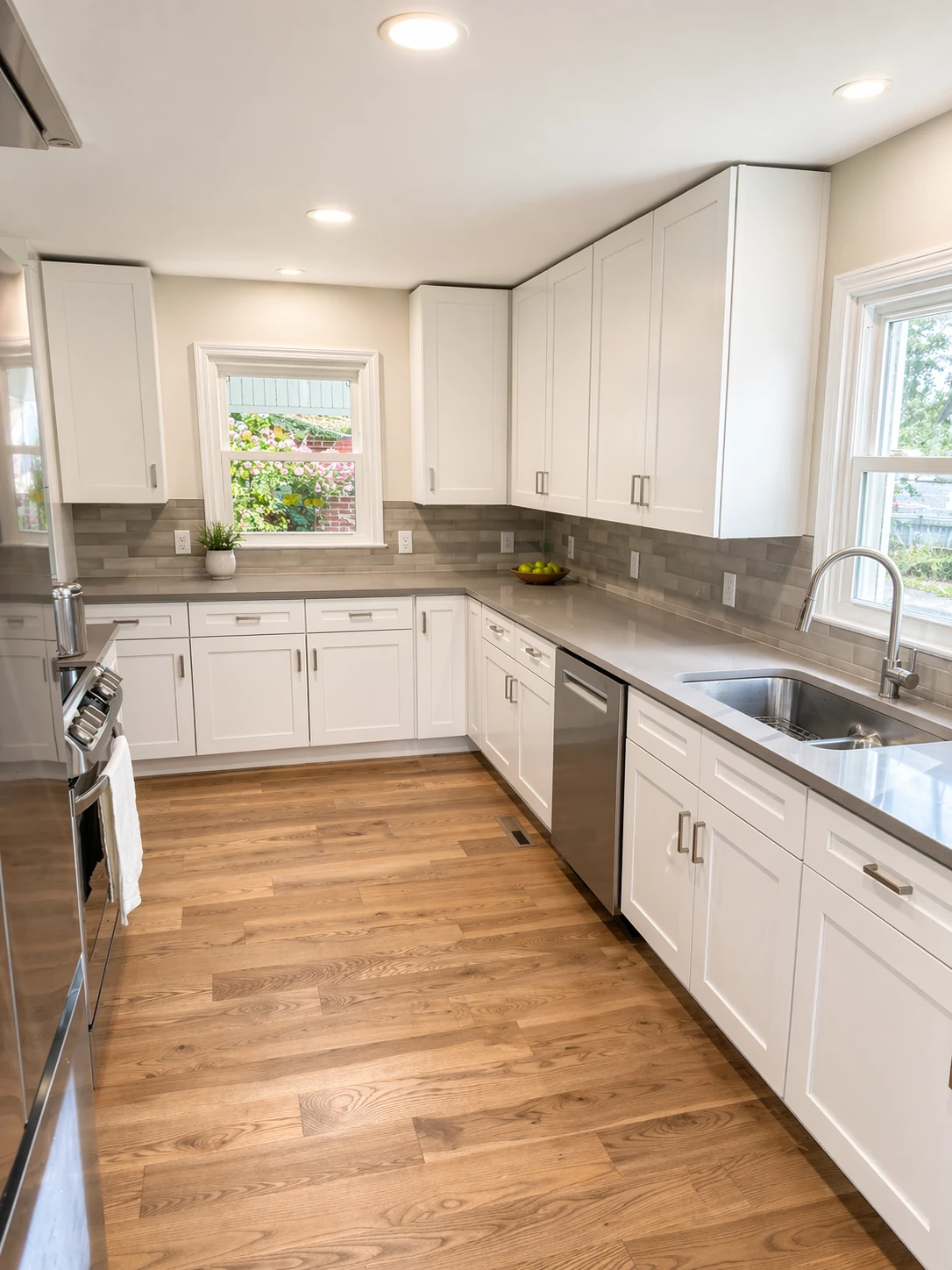 Goff Road kitchen with engineered hardwood floors, quartz countertops, and stainless appliances