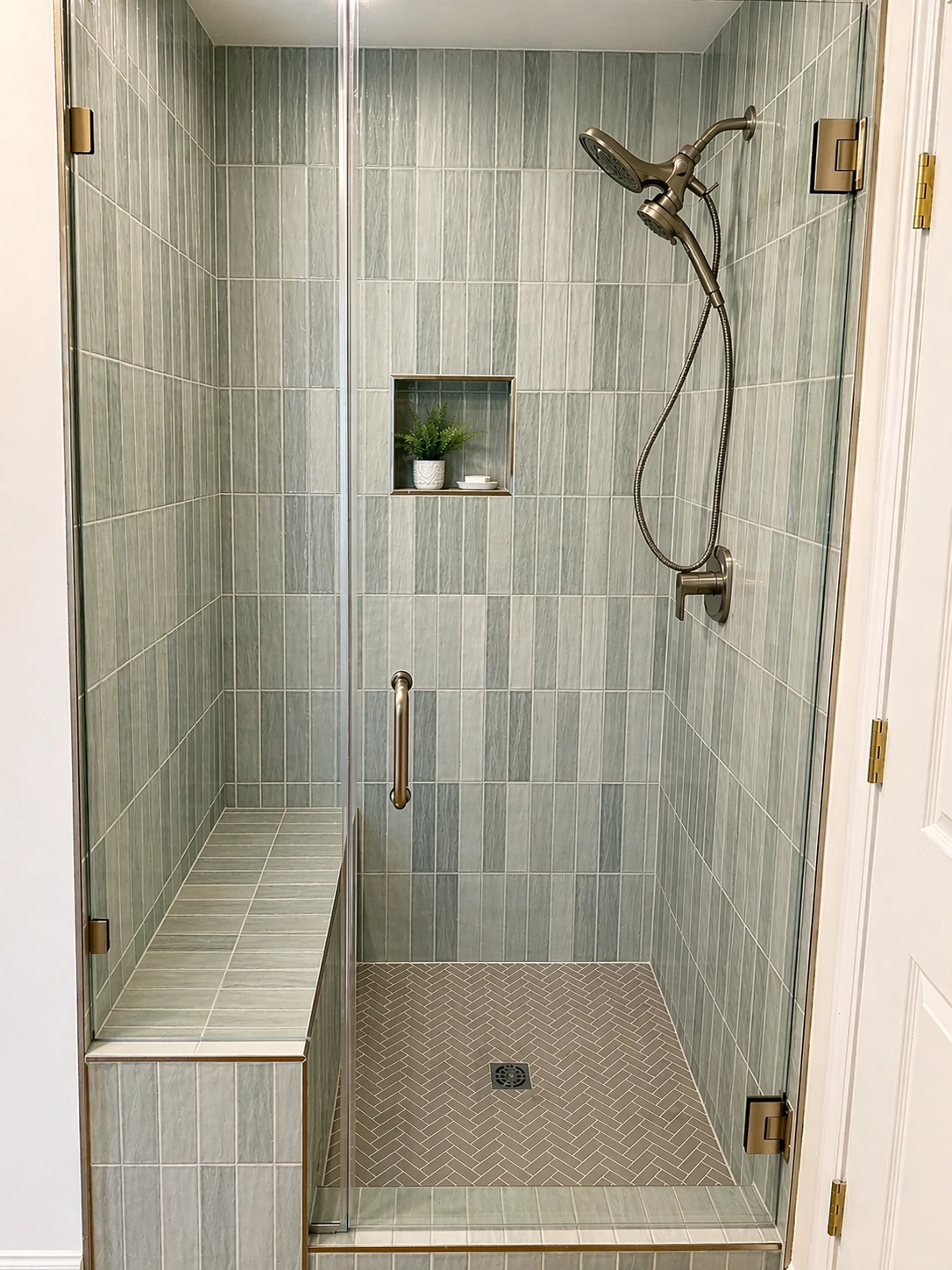 Goff Road primary bathroom — custom walk-in shower with vertical gray tile and herringbone floor