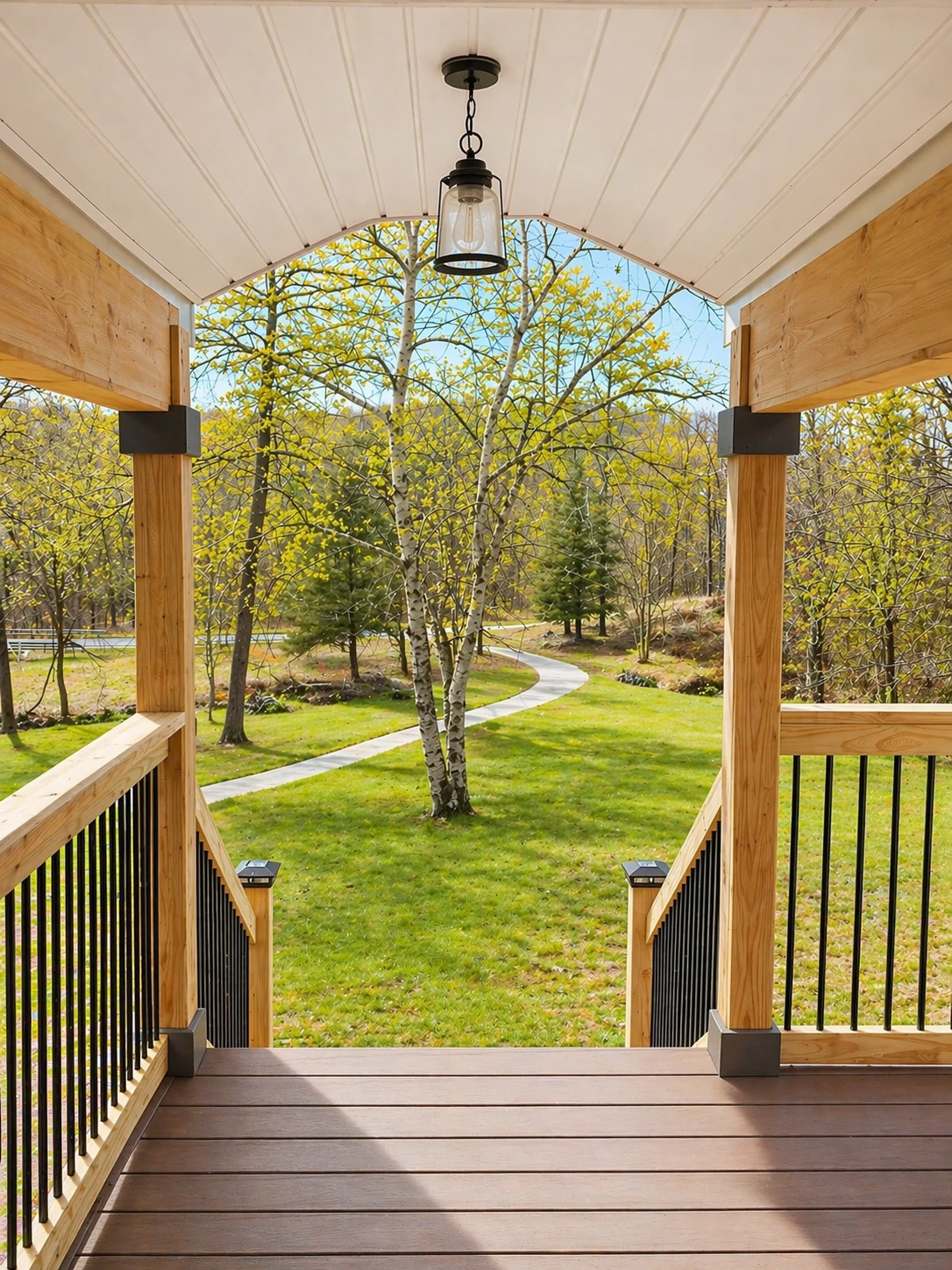 Trex covered deck view from Goff Road home — arched portico ceiling and pendant light overlooking birch trees