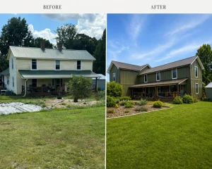 Before-and-after composite of two-story farmhouse: worn white siding and metal roof transformed to olive-green board-and-batten siding — Homestead Place farmhouse addition in Winston-Salem, NC