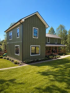 Corner exterior of two-story farmhouse addition with olive-green board-and-batten siding — Homestead Place farmhouse addition in Winston-Salem, NC