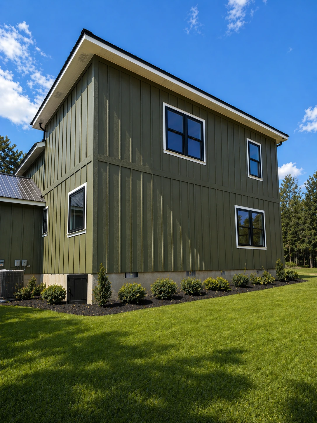 Homestead Place farmhouse addition rear corner — dark green board-and-batten siding with black-framed windows